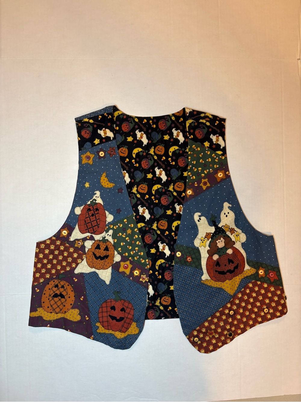 VTG Patchwork Halloween Vest “Which Witch & The Who Leslie Cranston Reversible L